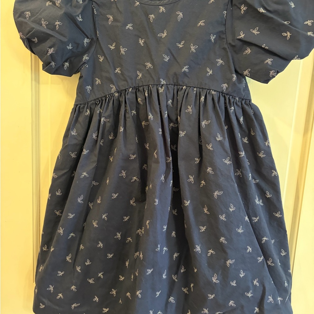 Nordstrom Navy Puff-Sleeve Cotton Dress with Tiny Light Gray Leaf Print